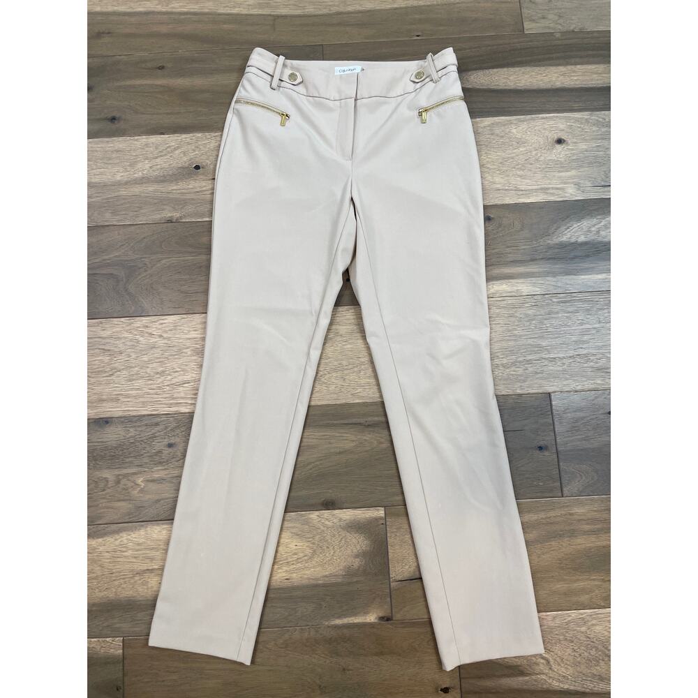 Calvin Klein Tan Pants Size 2 Gold Zipper Tapered Ankle Stretch Slim Fit - Picture 2 of 12